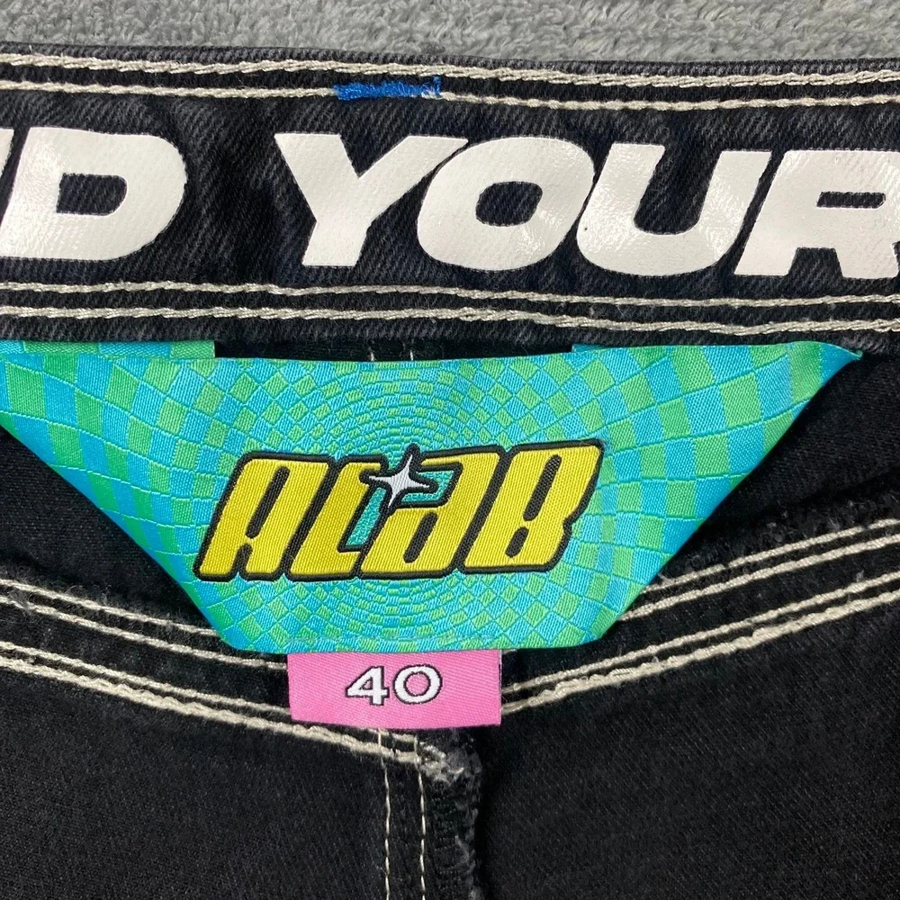 A-Lab Men 40x32 Baggy Skate Jeans Trashed Y2K  Black Embroidered Wide Leg